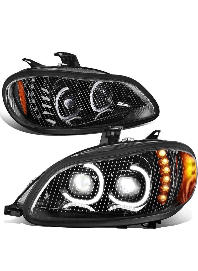HL-HAY-015-BK PAIR OF DUAL LED HALO DRL TURN SIGNAL HEADLIGHTS HIGH/LOW BEAM PROJECTOR COMPATIBLE WITH 03-19 FREIGHTLINER M2 106/112