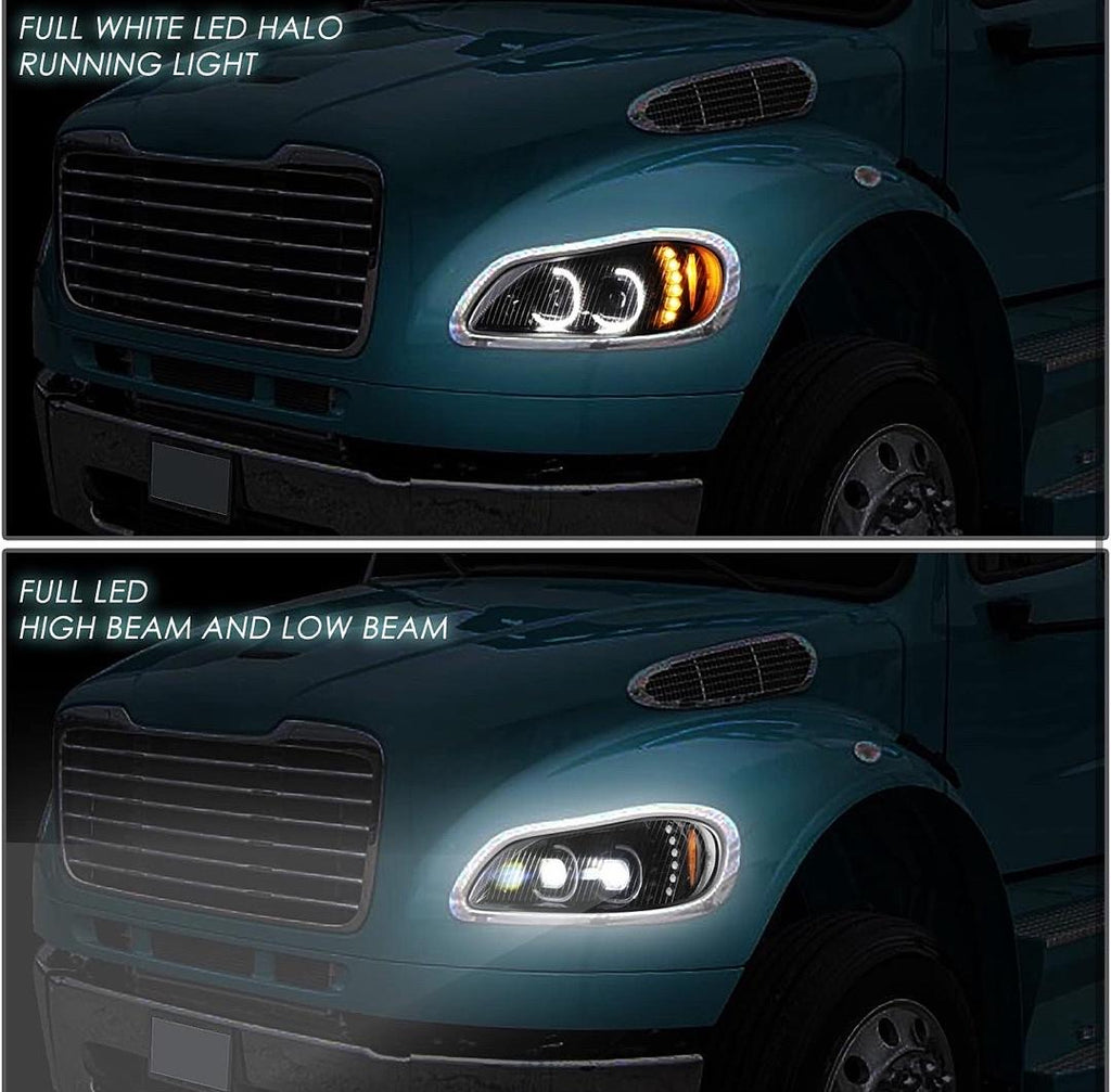 HL-HAY-015-BK PAIR OF DUAL LED HALO DRL TURN SIGNAL HEADLIGHTS HIGH/LOW BEAM PROJECTOR COMPATIBLE WITH 03-19 FREIGHTLINER M2 106/112