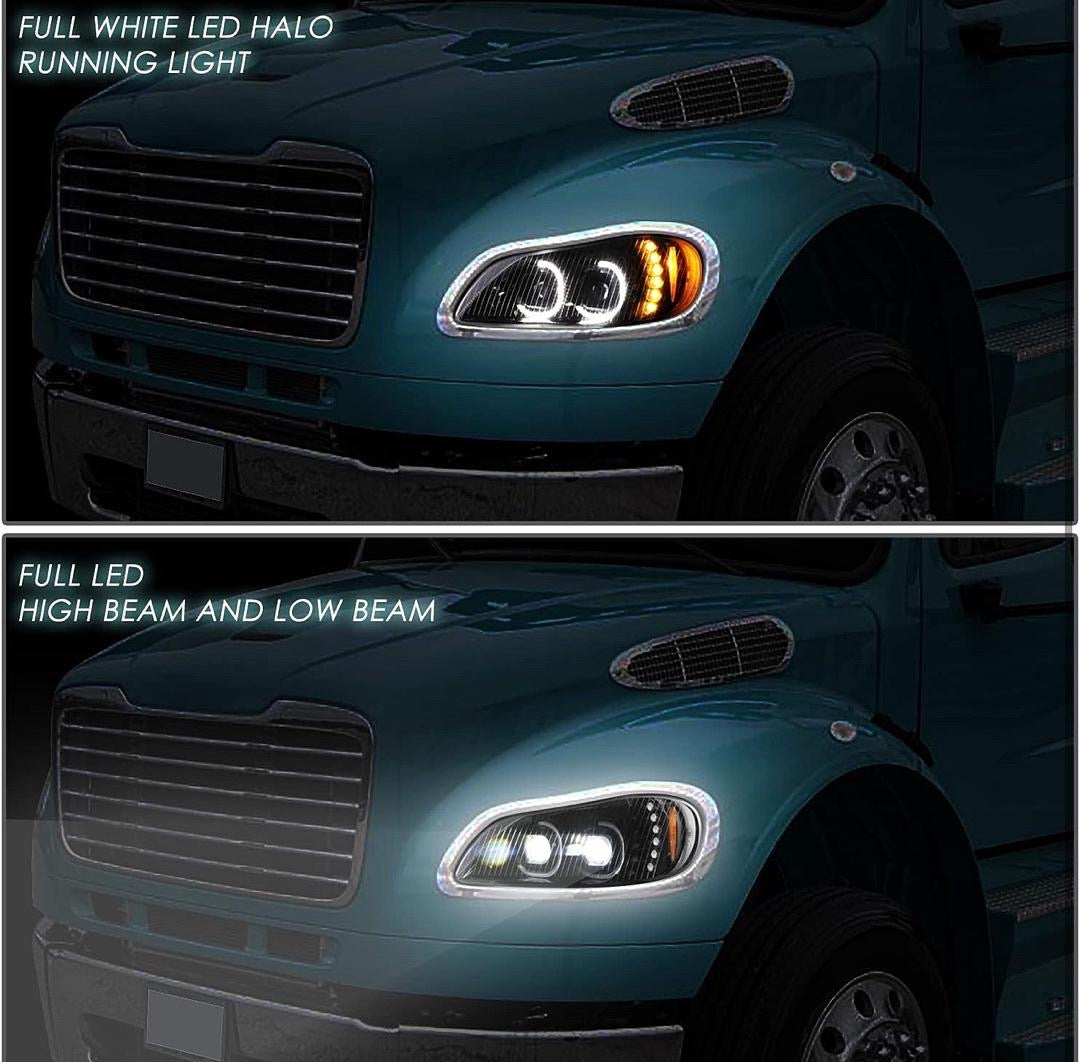 HL-HAY-015-BK PAIR OF DUAL LED HALO DRL TURN SIGNAL HEADLIGHTS HIGH/LOW BEAM PROJECTOR COMPATIBLE WITH 03-19 FREIGHTLINER M2 106/112