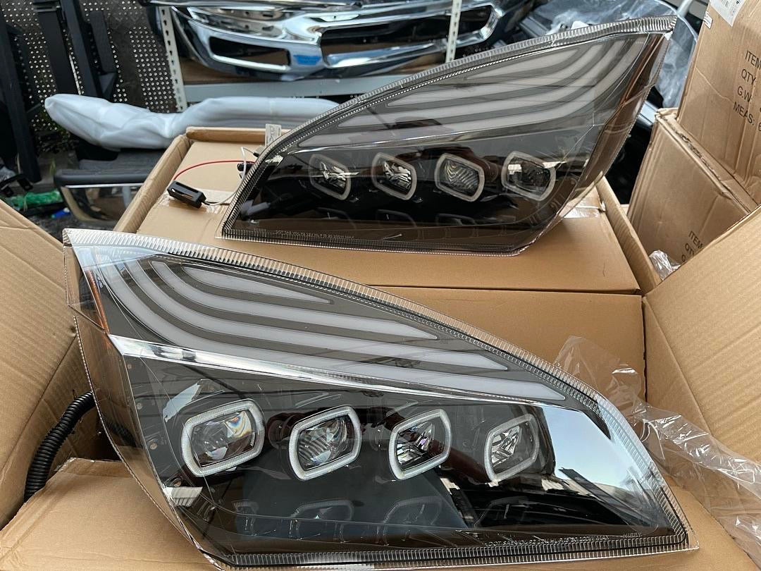 18-21 FREIGHTLINER CASCADIA BLACK HOUSING LED SQUARE HALO DRL PROJECTOR HEADLIGHTS - SEQUENTIAL TURN SIGNAL
