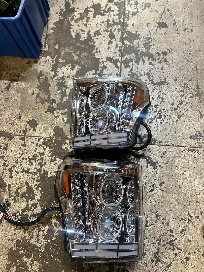 11-16 FORD F-250 SUPER DUTY AUTO DYNASTY DUAL GATTLING BARREL LED HALO DRL TURN SIGNAL AND PROJECTOR HEADLIGHTS CHROME HOUSING WITH AMBER LENS