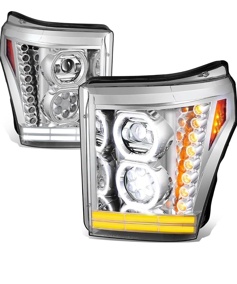 11-16 FORD F-250 SUPER DUTY AUTO DYNASTY DUAL GATTLING BARREL LED HALO DRL TURN SIGNAL AND PROJECTOR HEADLIGHTS CHROME HOUSING WITH AMBER LENS