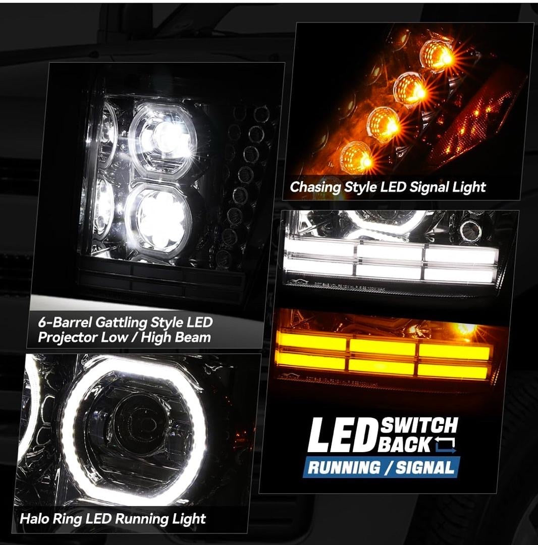 11-16 FORD F-250 SUPER DUTY AUTO DYNASTY DUAL GATTLING BARREL LED HALO DRL TURN SIGNAL AND PROJECTOR HEADLIGHTS CHROME HOUSING WITH AMBER LENS