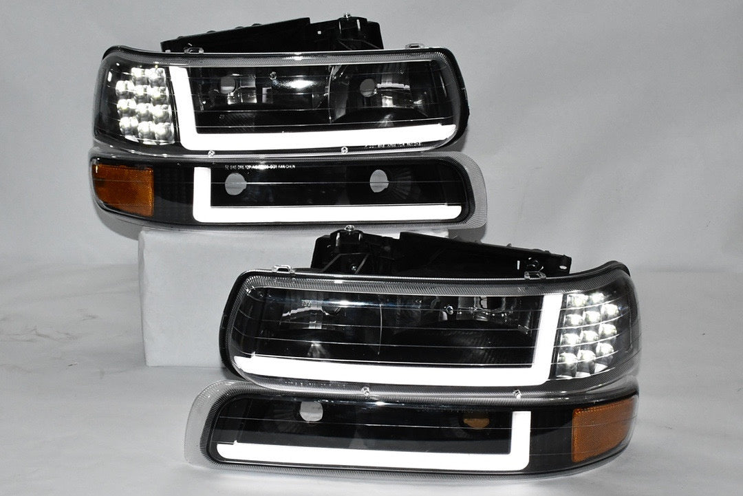 99-02 CHEVY SILVERADO 00-06 Tahoe suburban 4pcs black amber pair of headlights