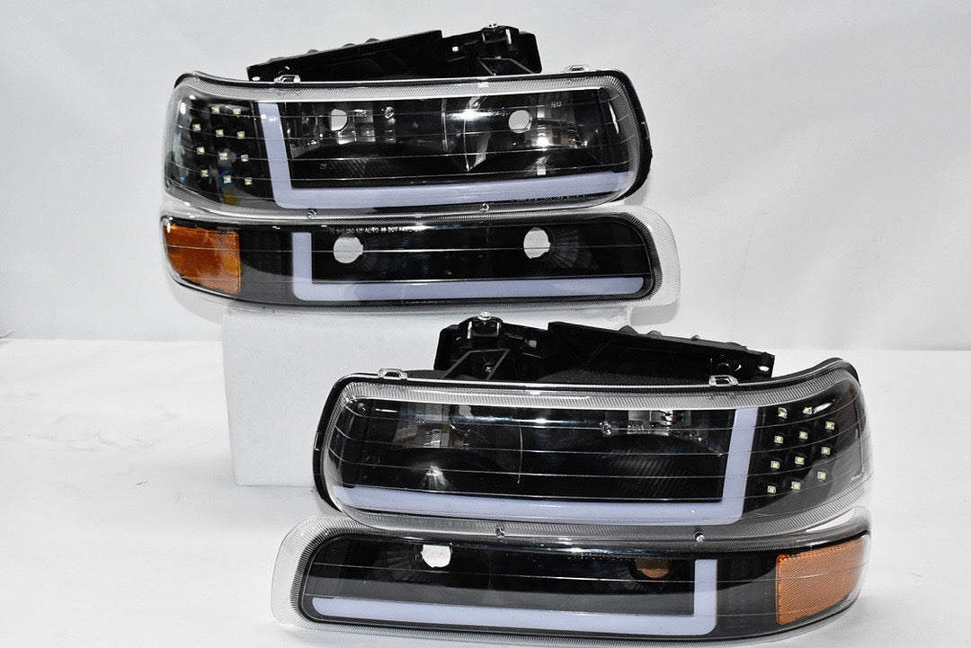 99-02 CHEVY SILVERADO 00-06 Tahoe suburban 4pcs black amber pair of headlights