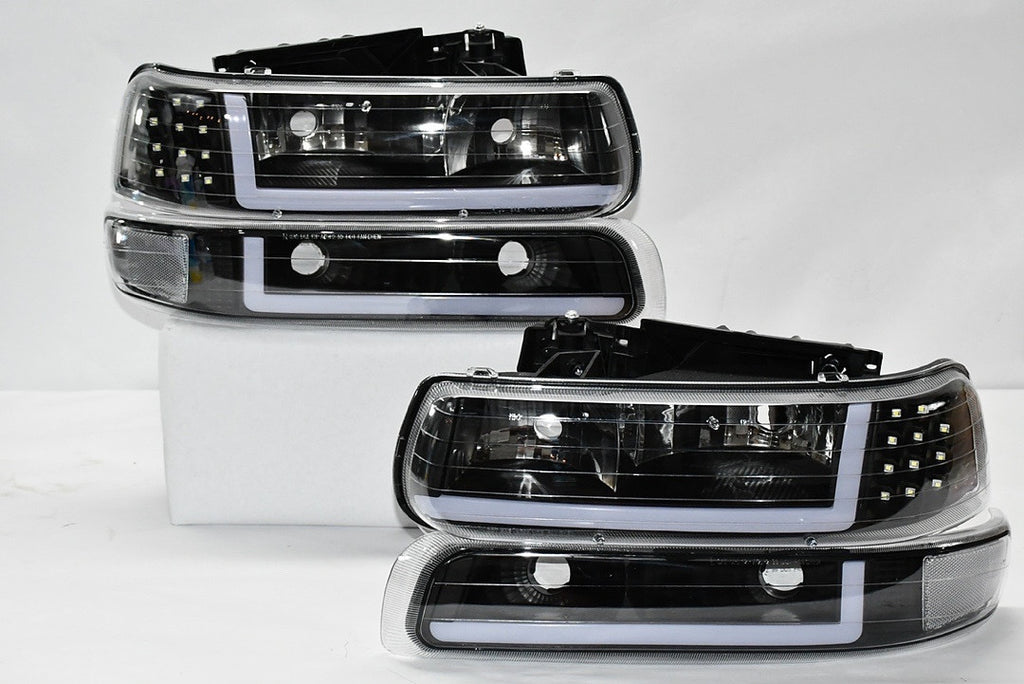 PAIR LED 99-02 CHEVY SILVERADO 00-06 CHEVY TAHOE SUBURBAN BLACK AND CLEAR HEADLIGHTS