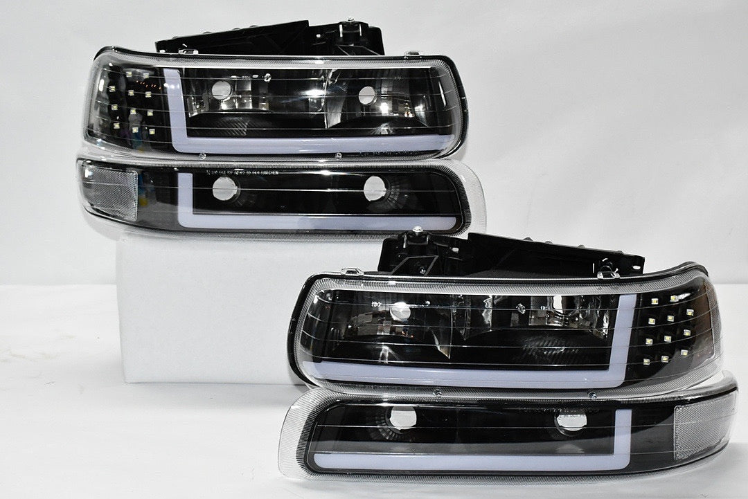 PAIR LED 99-02 CHEVY SILVERADO 00-06 CHEVY TAHOE SUBURBAN BLACK AND CLEAR HEADLIGHTS