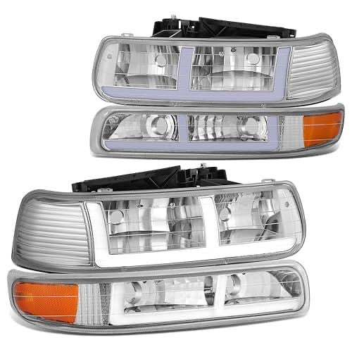 99-02 CHEVY SILVERADO 1500 F-PATTERN LED LIGHTBAR HEADLIGHTS CHROME/AMBER,