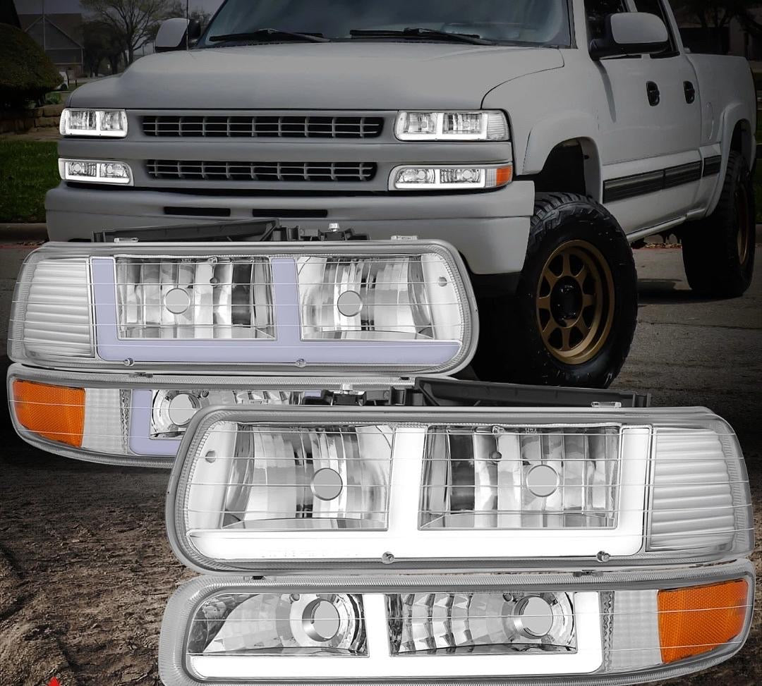 99-02 CHEVY SILVERADO 1500 F-PATTERN LED LIGHTBAR HEADLIGHTS CHROME/AMBER,