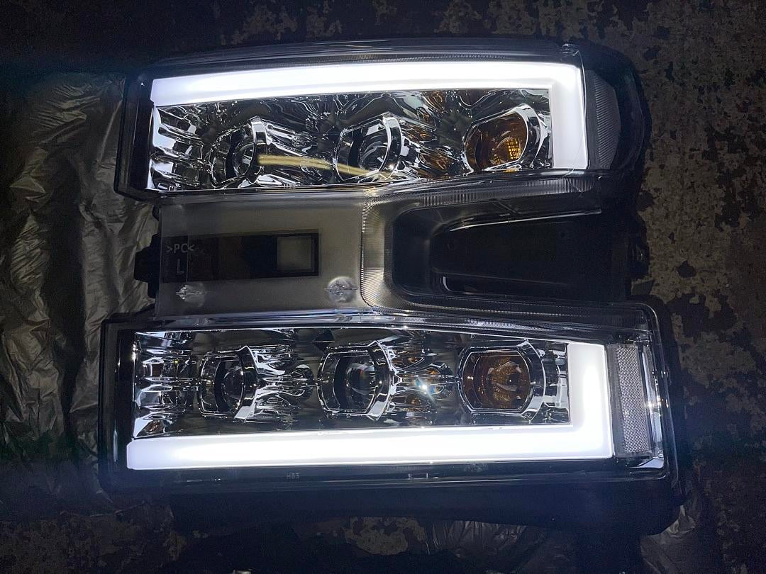 19-21 SILVERADO 1500, 2022 SILVERADO 1500 LTD WT/CUSTOM/CUSTOM TRAIL BOSS MODEL, CHROME/CLEAR PAIR OF LED LIGHT BAR QUAD PROJECTOR HEADLIGHTS COMPATIBLE WITH