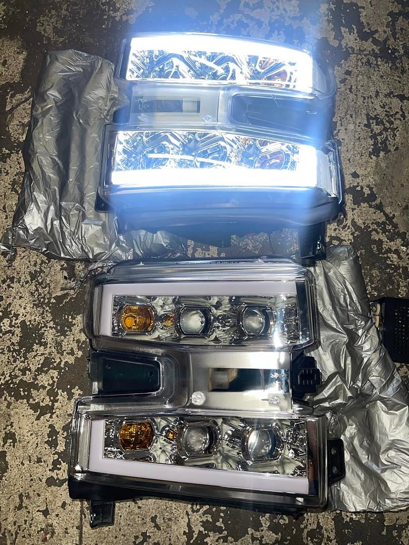 19-21 SILVERADO 1500, 2022 SILVERADO 1500 LTD WT/CUSTOM/CUSTOM TRAIL BOSS MODEL, CHROME/CLEAR PAIR OF LED LIGHT BAR QUAD PROJECTOR HEADLIGHTS COMPATIBLE WITH