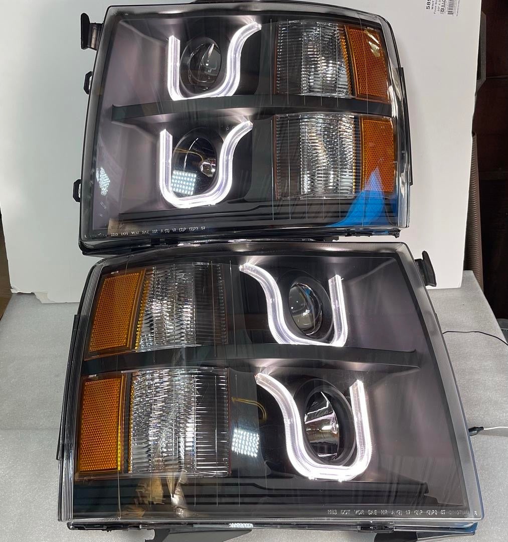CHEVY SILVERADO BLACK HOUSING AMBER PROJECTOR LED HEADLIGHTS FOR 2007 TO 2013