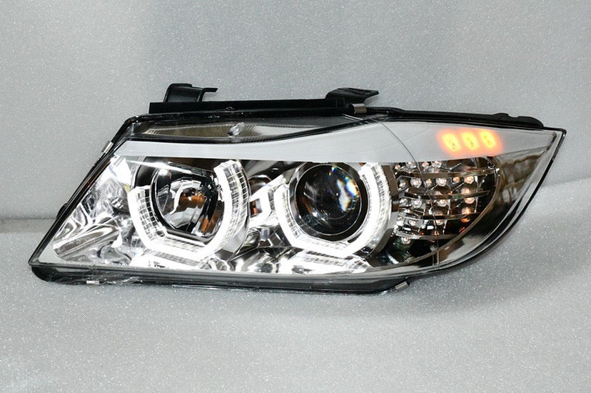 REFURBISHED 05-08 BMW 325I/ 325XI Pair Headlights Compatible with 06-08 BMW 323i 07-08 328i 328Xi 335Xi 4-Dr Sedan, Dual U-Halos Projector Low Beam, Chrome,