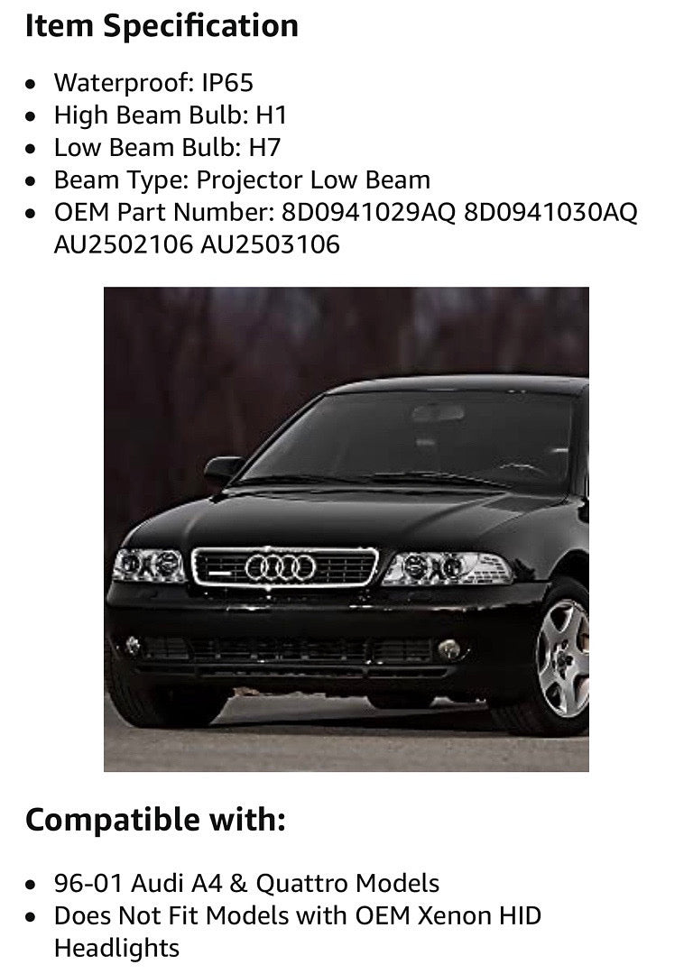 96-01 AUDI A4/A4 QUATTRO BLACK HOUSING AMBER SIGNAL PROJECTOR HEADLIGHTS WITH LED DRL REPLACEMENT