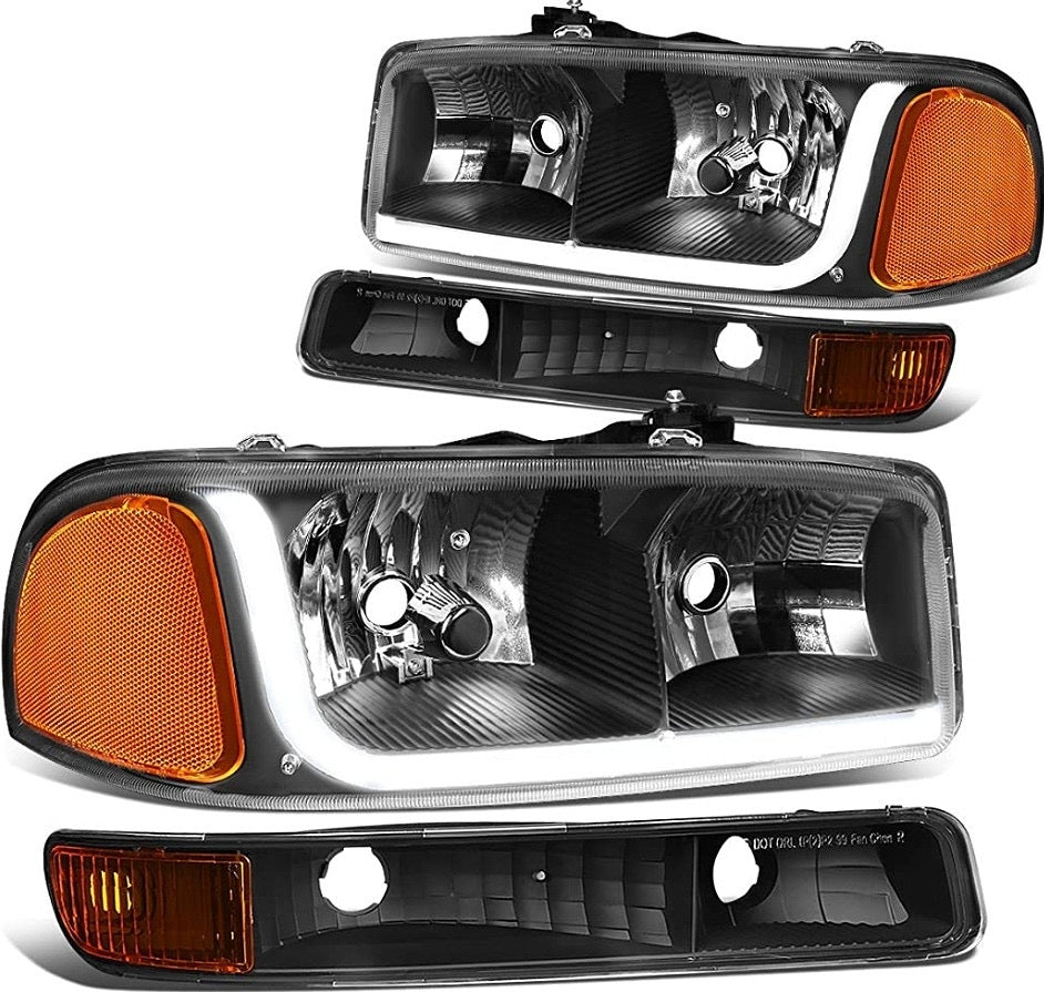 99-06 GMC SIERRA / YUKON 1500 BLACK HOUSING AMBER REFLECTOR LED HEADLIGHT G1