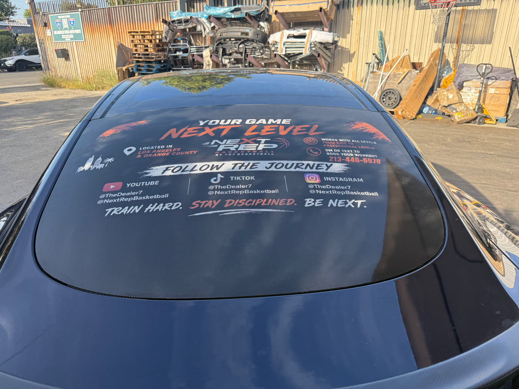 Perforated white vinyl rear window easy apply decal.