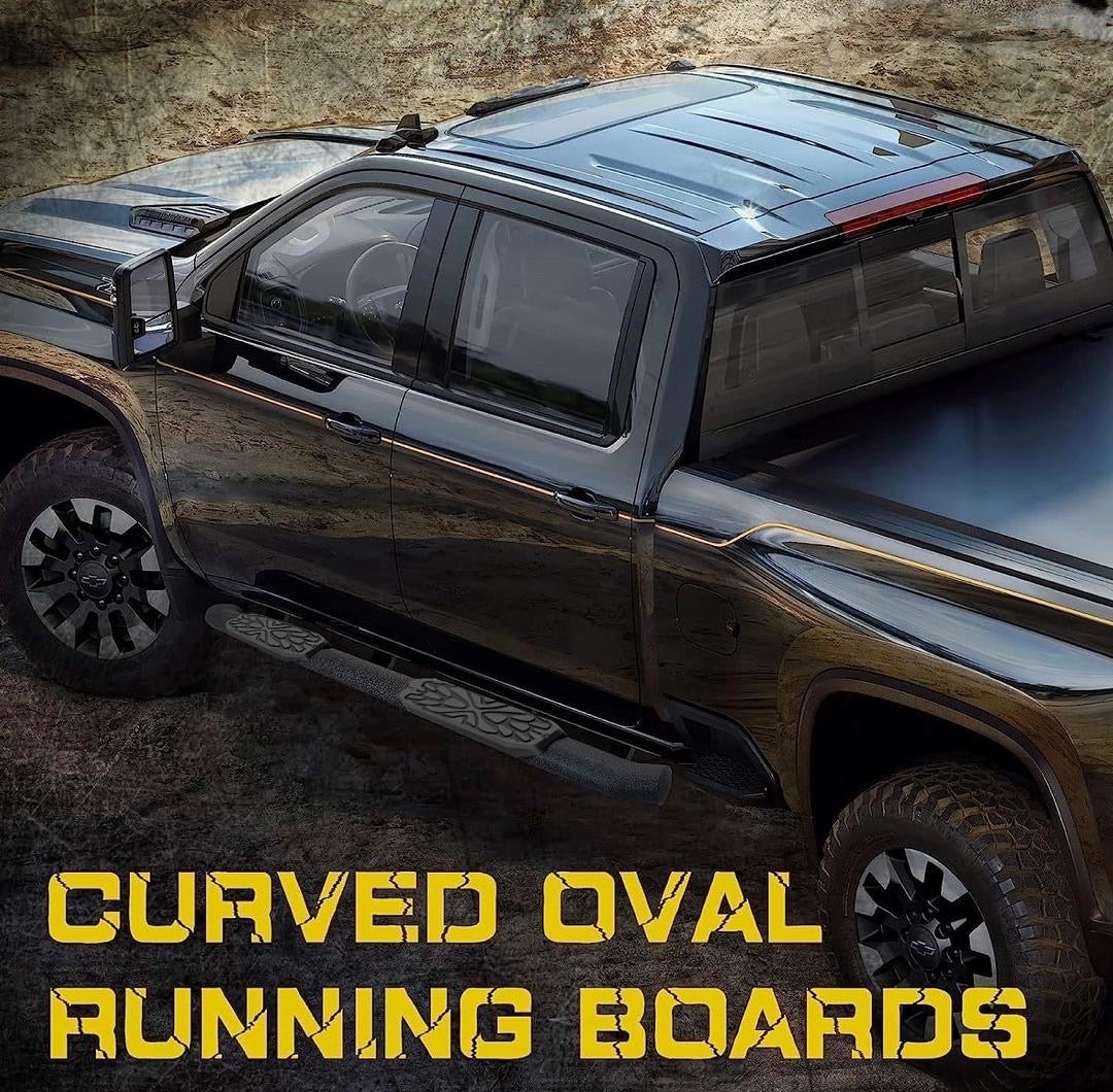 07-18 CHEVY SILVERADO / GMC SIERRA CREW CAB 3.5 INCHES RUNNING BOARDS BLACK TEXTURED CURVE OVAL BARS
