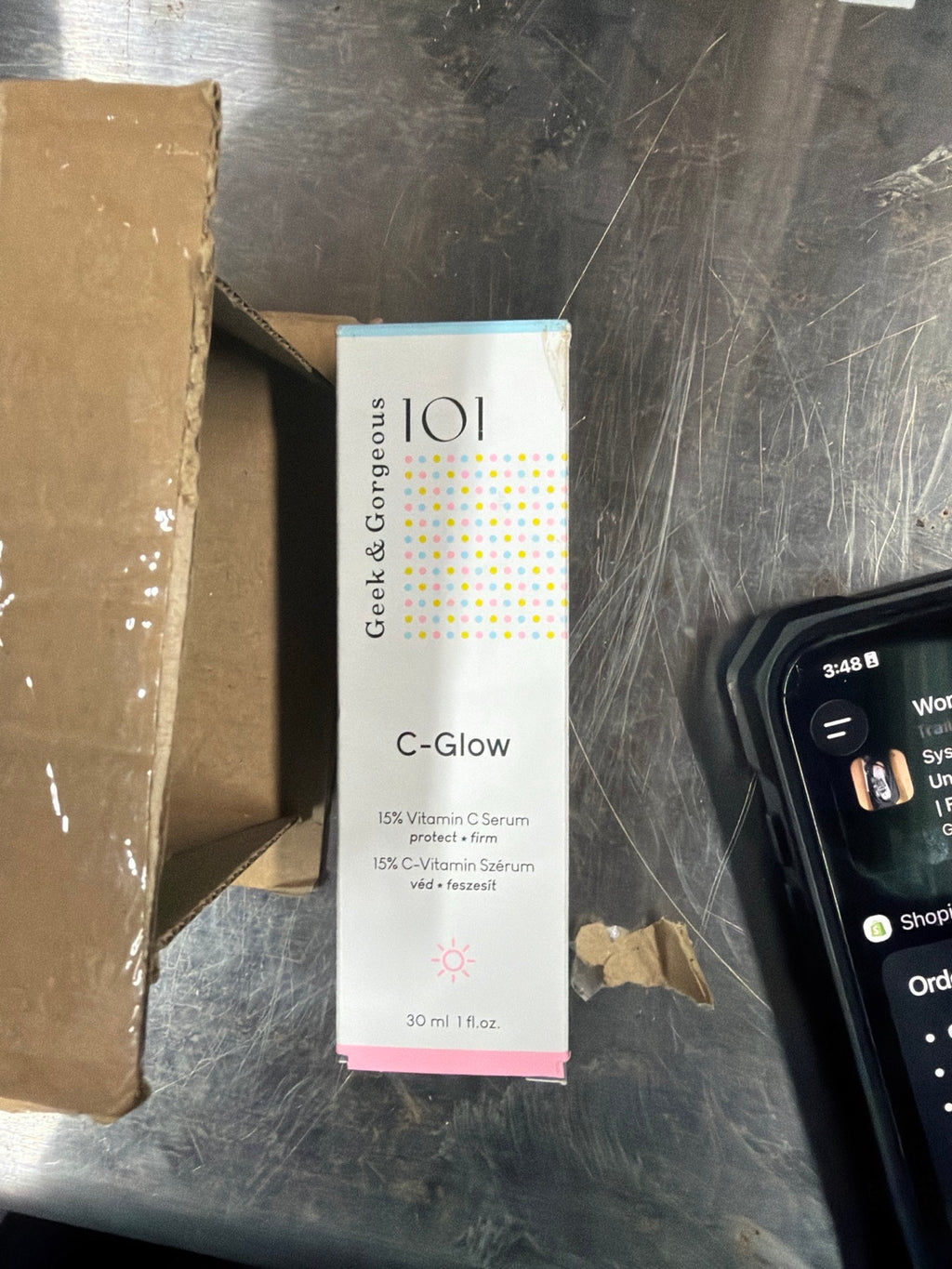Actual boxed Geek & Gorgeous C-Glow serum received at shop