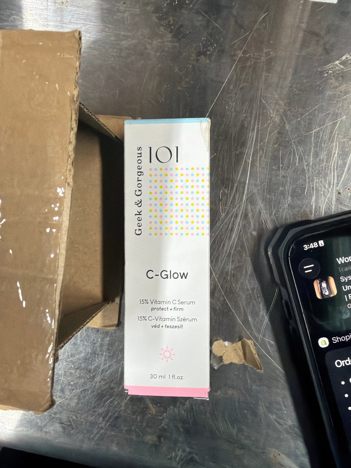 Actual boxed Geek & Gorgeous C-Glow serum received at shop
