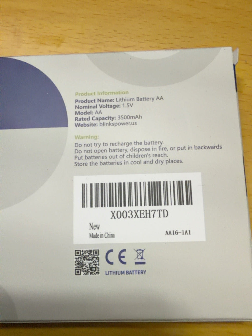 Blink Power AA batteries specifications and warnings