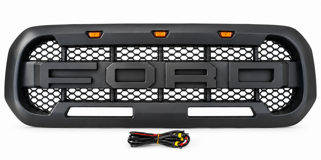 KRN-FD-106-1 grille with FORD letters, amber lights and included wiring harness - white background