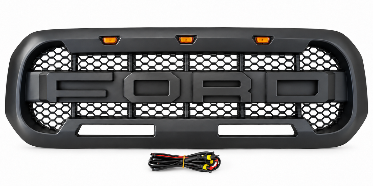 KRN-FD-106-1 grille with FORD letters, amber lights and included wiring harness - white background