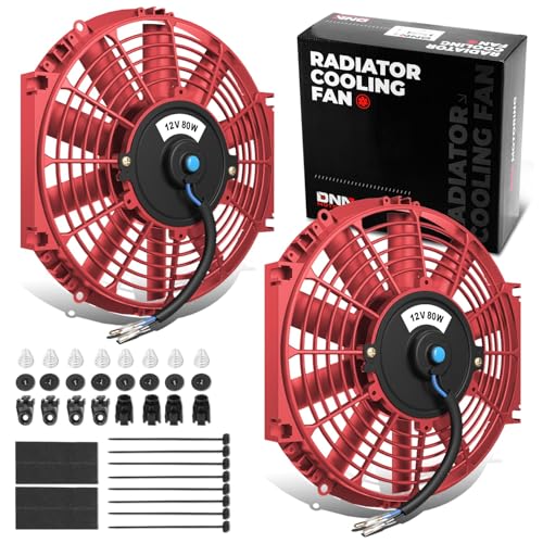 Two DNA Motoring red 12-inch slim radiator fans with mounting hardware - two-fan kit
