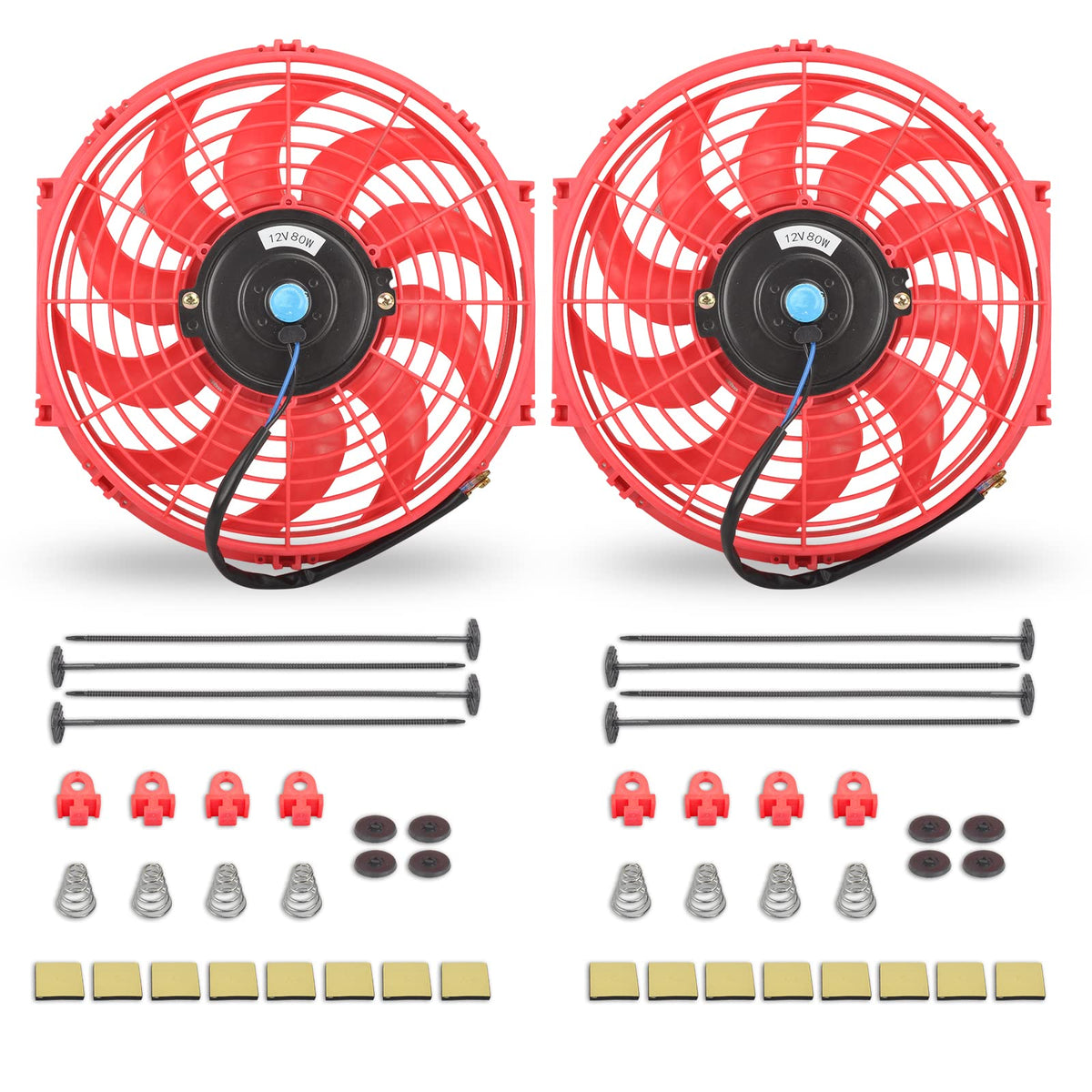 Two red 12-inch cooling fans and installation hardware - product kit overview