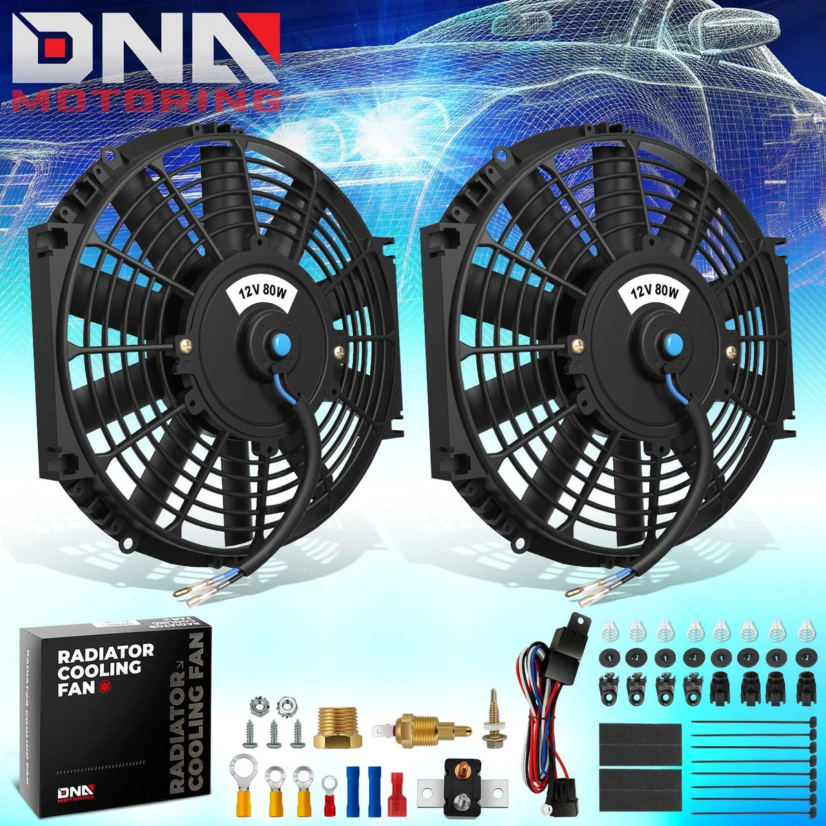 DNA Motoring RAF-10X2+SW-KIT dual 10-inch radiator cooling fans and thermostat relay wiring kit