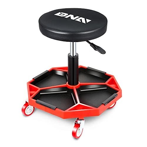 Adjustable Height Pneumatic Garage Seat Rolling Mechanic Stool with Tool Tray Storage 300lbs Max Weight Capacity (Red)