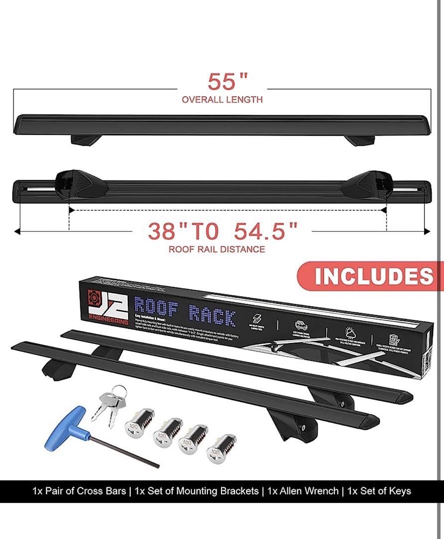PAIR OF 55" ALUMINUM ROOF RACK CROSS BARS CARGO LUGGAGE CARRIER FOR RAISED RAILS WITH ANGLED EDGES, UNIVERSAL, 38" - 54.5" ADJUSTABLE, BLACK