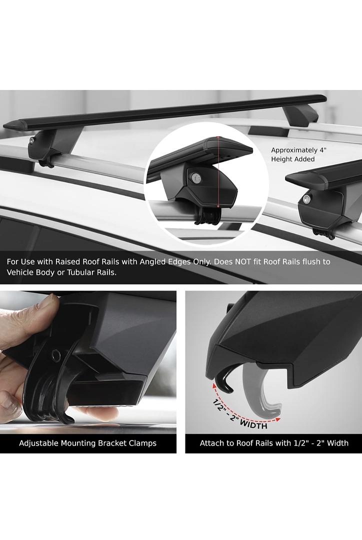 PAIR OF 55" ALUMINUM ROOF RACK CROSS BARS CARGO LUGGAGE CARRIER FOR RAISED RAILS WITH ANGLED EDGES, UNIVERSAL, 38" - 54.5" ADJUSTABLE, BLACK