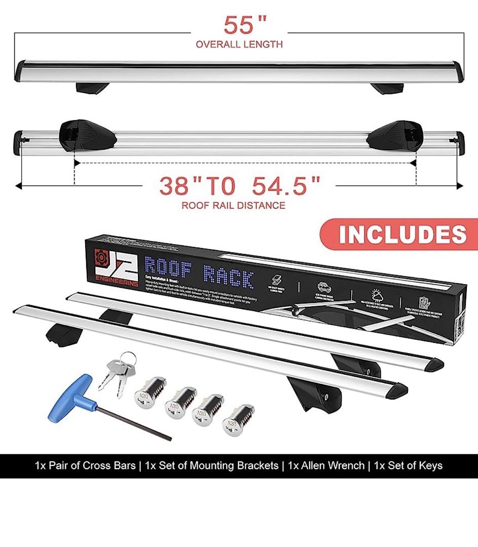 PAIR OF 55" ALUMINUM ROOF RACK CROSS BARS CARGO LUGGAGE CARRIER FOR RAISED RAILS WITH ANGLED EDGES, UNIVERSAL, 38" - 54.5" ADJUSTABLE, SILVER