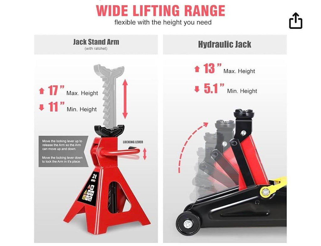 Low Profile Hydraulic Trolley Service/Floor Jack Combo with 2 Ratchet Jack Stands, 2 Ton (4000 lbs) Capacity