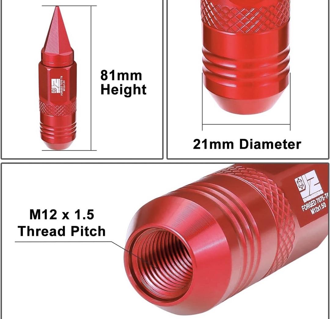 J2 20PCS RED M12X1.5 OPEN / CLOSED END SPIKE 81MM TALL CONICAL SEAT LUG NUTS