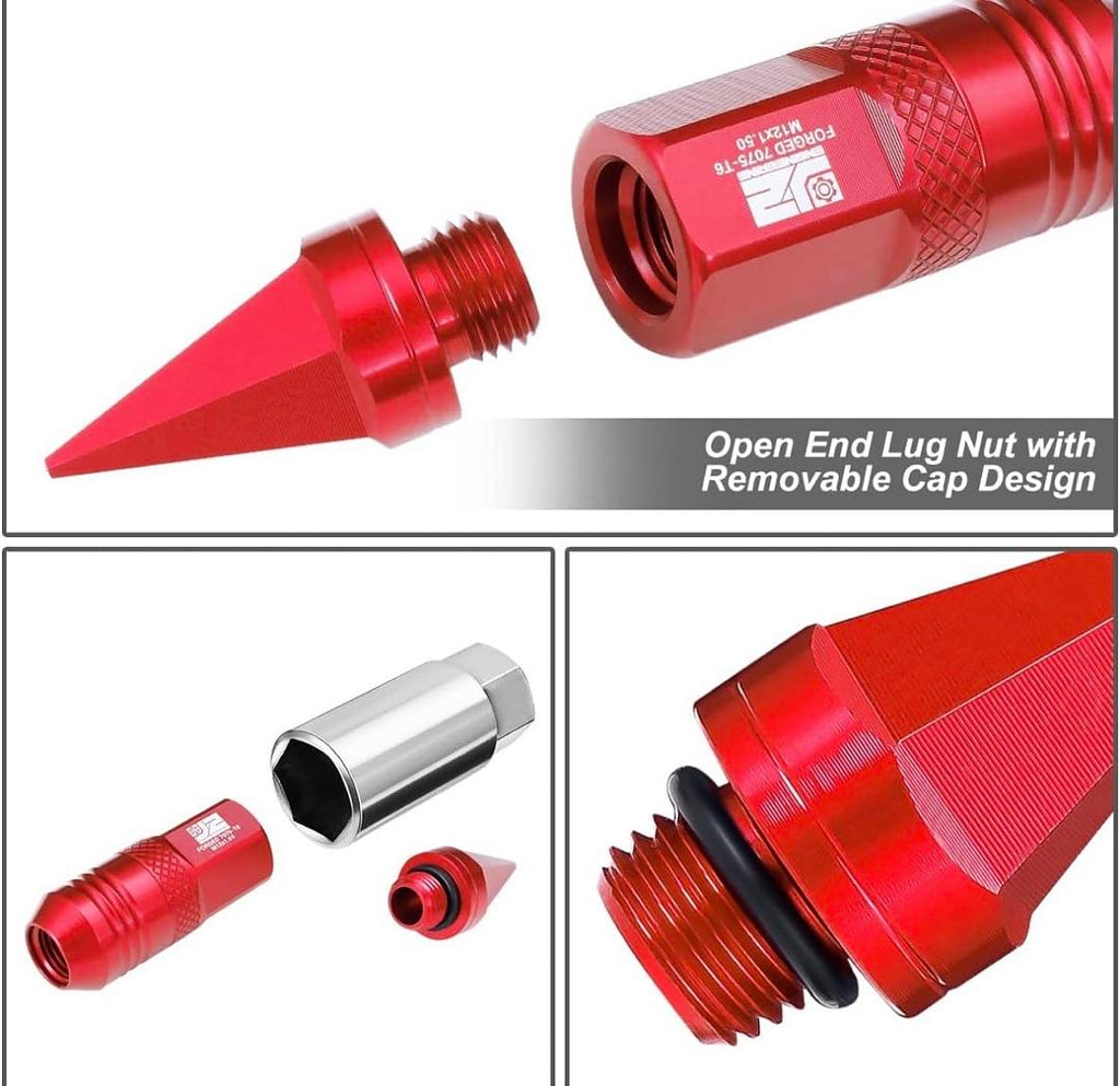 J2 20PCS RED M12X1.5 OPEN / CLOSED END SPIKE 81MM TALL CONICAL SEAT LUG NUTS
