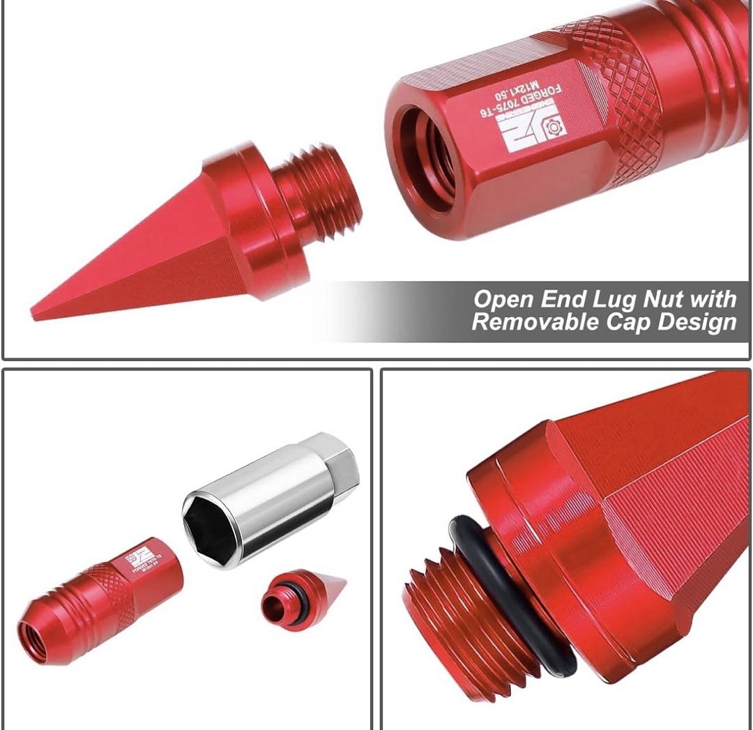 J2 20PCS RED M12X1.5 OPEN / CLOSED END SPIKE 81MM TALL CONICAL SEAT LUG NUTS