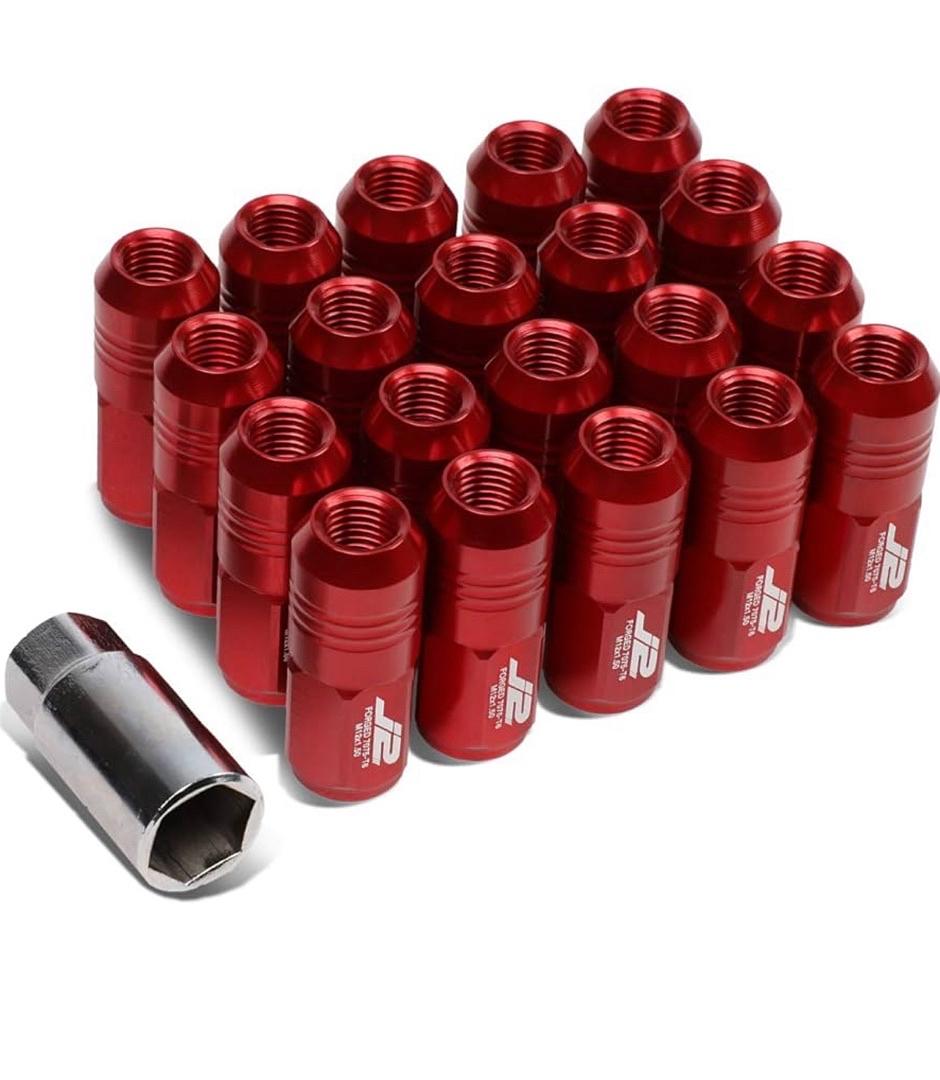 7075 ALUMINUM RED M12 X 1.5 20PCS L: 50MM CLOSE END LUG NUT W/SOCKET ADAPTER