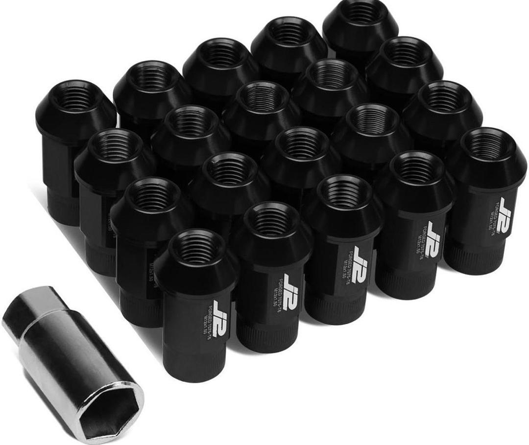 7075 -T6 FORGED ALUMINUM M12X1.5 20PCS 44MM HEIGHT OPEN -END LUG NUT SET W / SOCKET ADAPTER (BLACK)