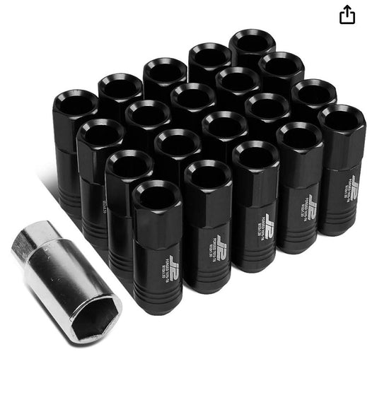 BLACK 7075 ALUMINUM M12X1.5 20PCS L: 60MM OPEN END LUG NUT W/SOCKET ADAPTER