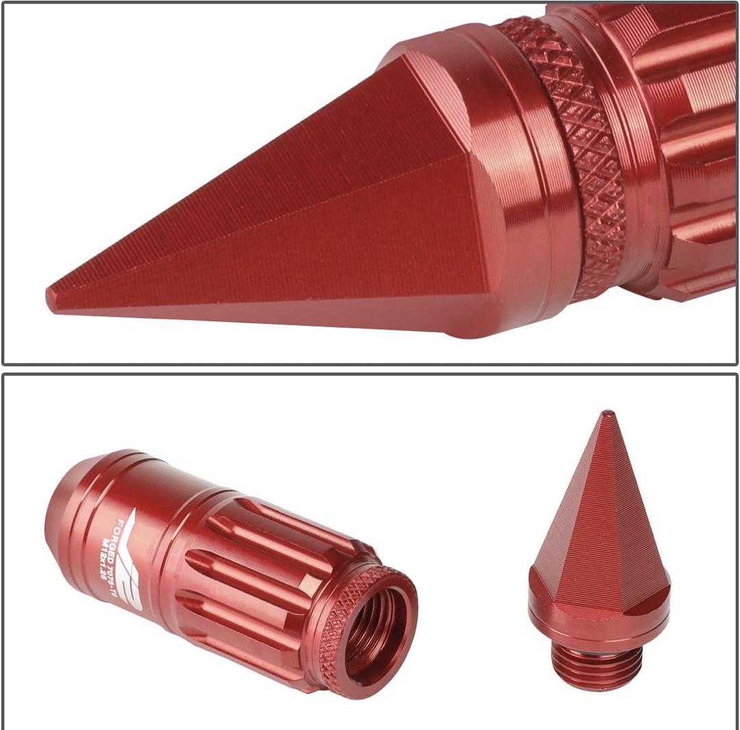 7075-T6 ALUMINUM M12 X 1.25 16PCS 80MM TALL SPIKY CAP LUG NUT W / 4PCS LOCK+KEY RED