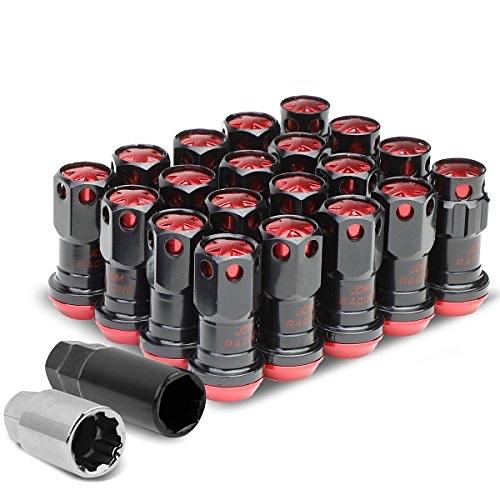 16PCS M12 X 1.5 CLOSED END WHEEL LUG NUTS + 4PCS LOCK NUTS + KEY + EXTENSION ADAPTER, 22MM OD/45MM HEIGHT, RED ACCENTS/BLACK BODY