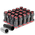 16PCS M12 X 1.5 CLOSED END WHEEL LUG NUTS + 4PCS LOCK NUTS + KEY + EXTENSION ADAPTER, 22MM OD/45MM HEIGHT, RED ACCENTS/BLACK BODY