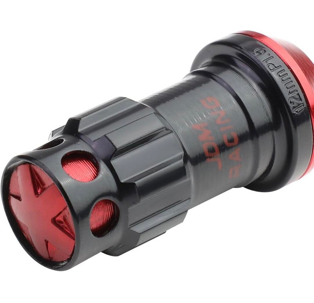 16PCS M12 X 1.5 CLOSED END WHEEL LUG NUTS + 4PCS LOCK NUTS + KEY + EXTENSION ADAPTER, 22MM OD/45MM HEIGHT, RED ACCENTS/BLACK BODY