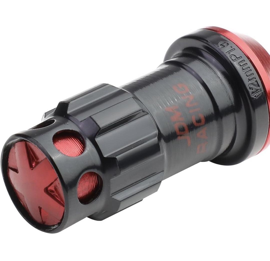 16PCS M12 X 1.5 CLOSED END WHEEL LUG NUTS + 4PCS LOCK NUTS + KEY + EXTENSION ADAPTER, 22MM OD/45MM HEIGHT, RED ACCENTS/BLACK BODY