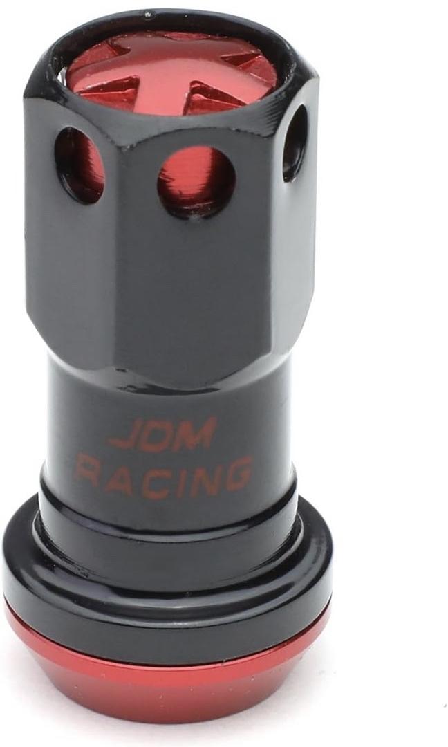 16PCS M12 X 1.5 CLOSED END WHEEL LUG NUTS + 4PCS LOCK NUTS + KEY + EXTENSION ADAPTER, 22MM OD/45MM HEIGHT, RED ACCENTS/BLACK BODY