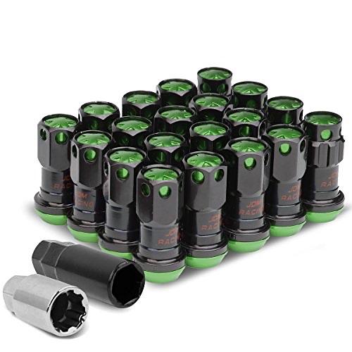 16PCS M12 X 1.5 CLOSED END WHEEL LUG NUTS + 4PCS LOCK NUTS + KEY + EXTENSION ADAPTER, 22MM OD/45MM HEIGHT, GREEN ACCENTS/BLACK BODY