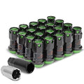 16PCS M12 X 1.5 CLOSED END WHEEL LUG NUTS + 4PCS LOCK NUTS + KEY + EXTENSION ADAPTER, 22MM OD/45MM HEIGHT, GREEN ACCENTS/BLACK BODY