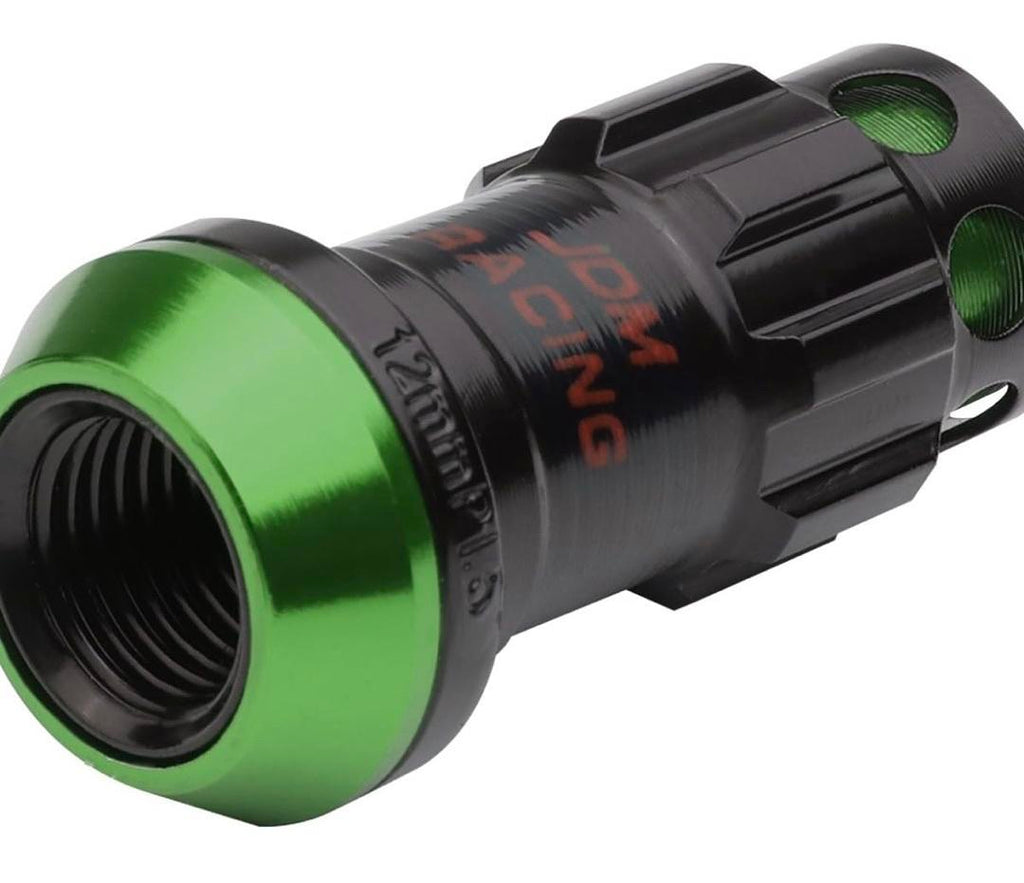 16PCS M12 X 1.5 CLOSED END WHEEL LUG NUTS + 4PCS LOCK NUTS + KEY + EXTENSION ADAPTER, 22MM OD/45MM HEIGHT, GREEN ACCENTS/BLACK BODY