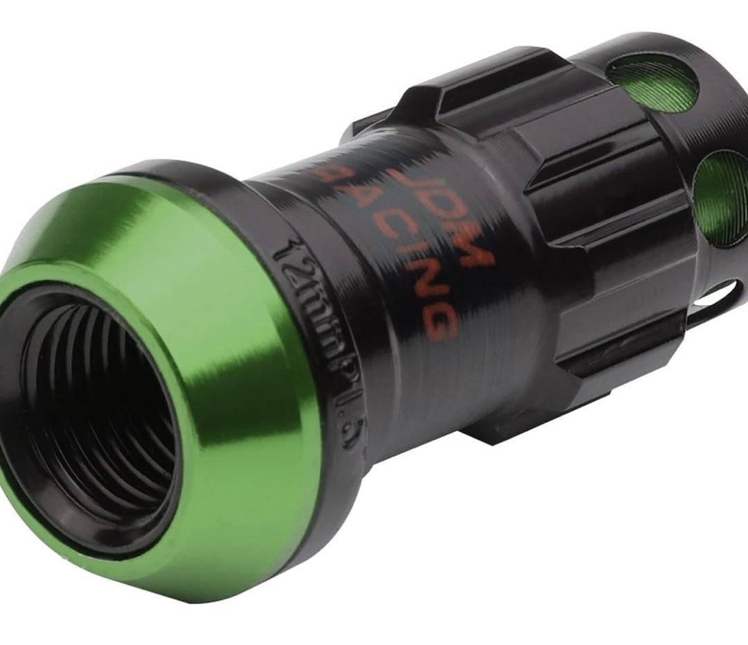 16PCS M12 X 1.5 CLOSED END WHEEL LUG NUTS + 4PCS LOCK NUTS + KEY + EXTENSION ADAPTER, 22MM OD/45MM HEIGHT, GREEN ACCENTS/BLACK BODY